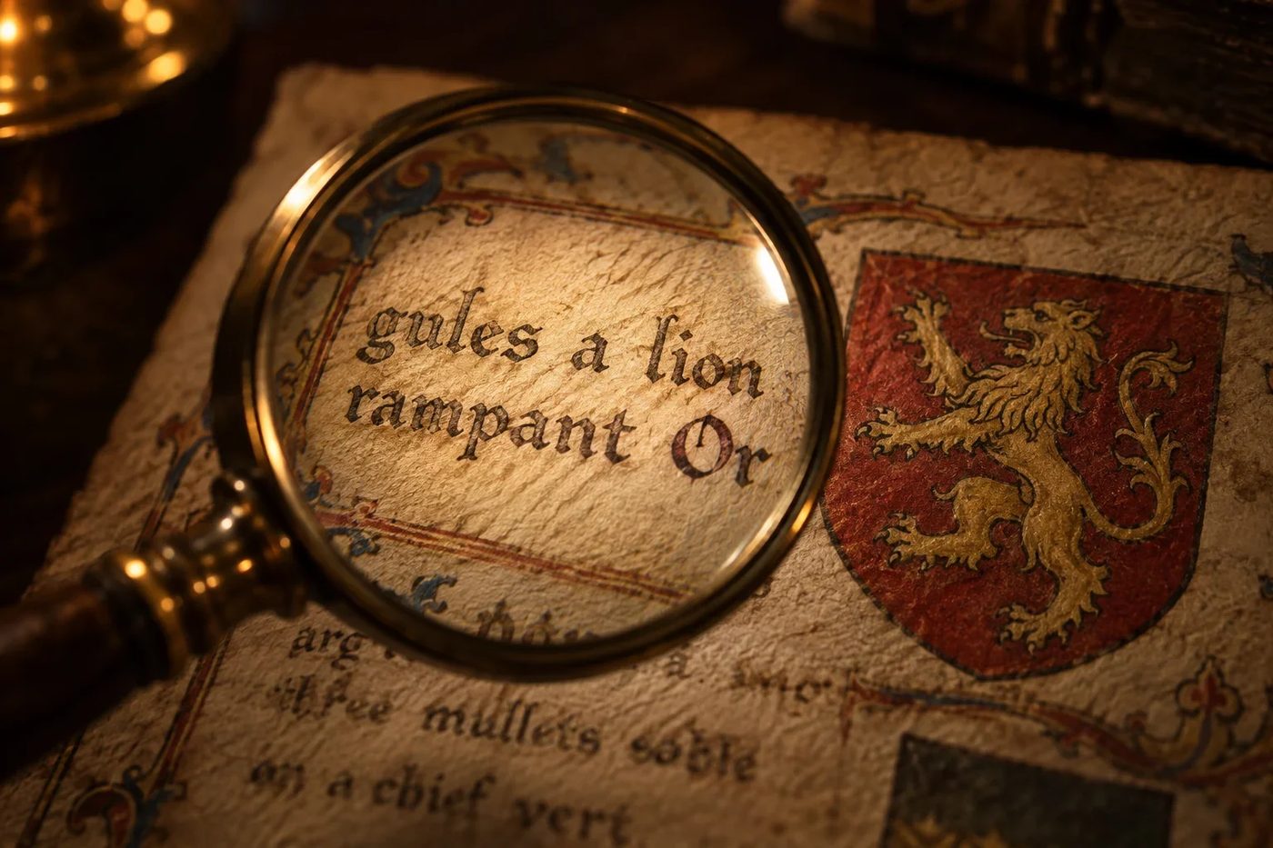 Magnifying glass over an old heraldic record describing a lion rampant, beside a painted shield